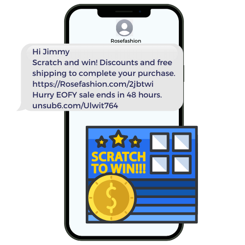 The text reads 'Scratch and win! Discounts and free shipping to complete your purchase.' The image is a scratch card that can be included in your landing page. It includes a link to the shop page and a opt out link.