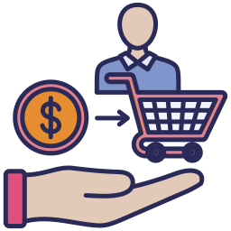 Tall Bob icon; a shopping cart, dollar coin in the palm of someone's hand