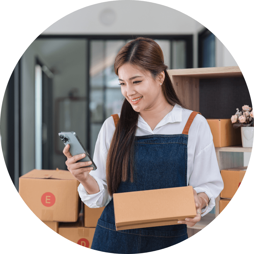 The woman in this image is processing an order with sender ID