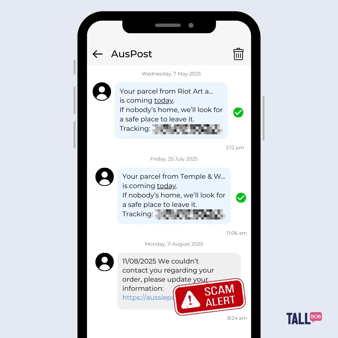 ACMA Changes 2025: An example of legitimate messages vs scam messages.