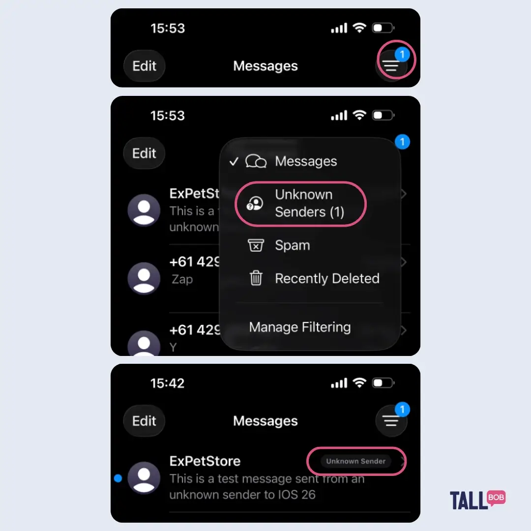 iOS 26 Update: A mock-up of an Unknown Sender message and filtering